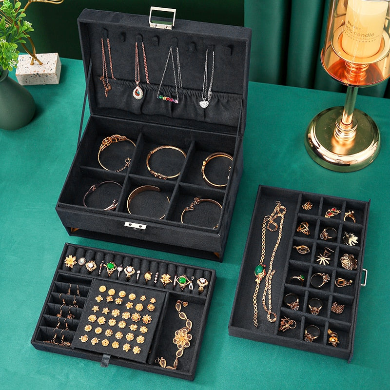 3-layes Black Flannel Jewelry Box boite a bijou Jewelry Organizer Necklace Earring Ring Storage Box for Women Gifts