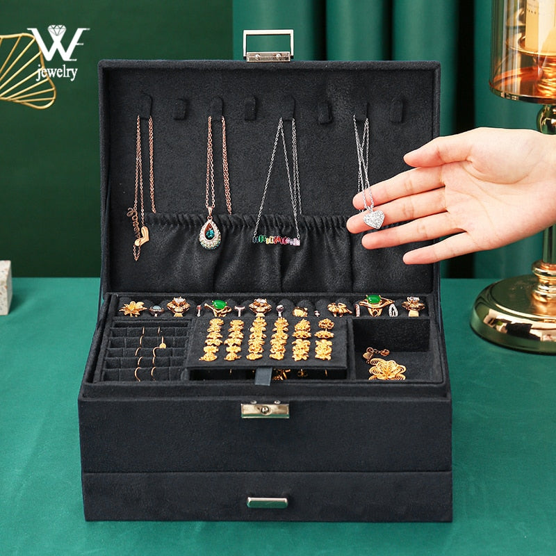 3-layes Black Flannel Jewelry Box boite a bijou Jewelry Organizer Necklace Earring Ring Storage Box for Women Gifts