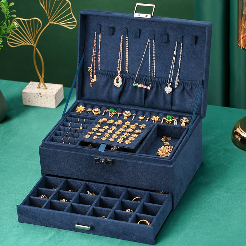 3-layes Black Flannel Jewelry Box boite a bijou Jewelry Organizer Necklace Earring Ring Storage Box for Women Gifts