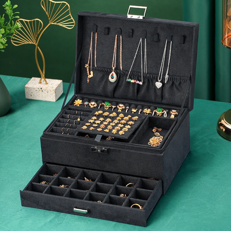 3-layes Black Flannel Jewelry Box boite a bijou Jewelry Organizer Necklace Earring Ring Storage Box for Women Gifts