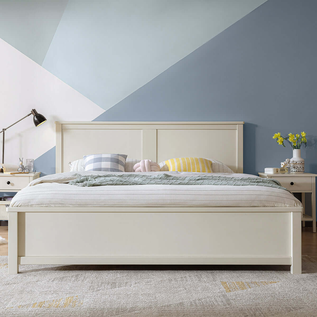 Cream Bed Set with Mattress and Headboard Minimalist Design-0