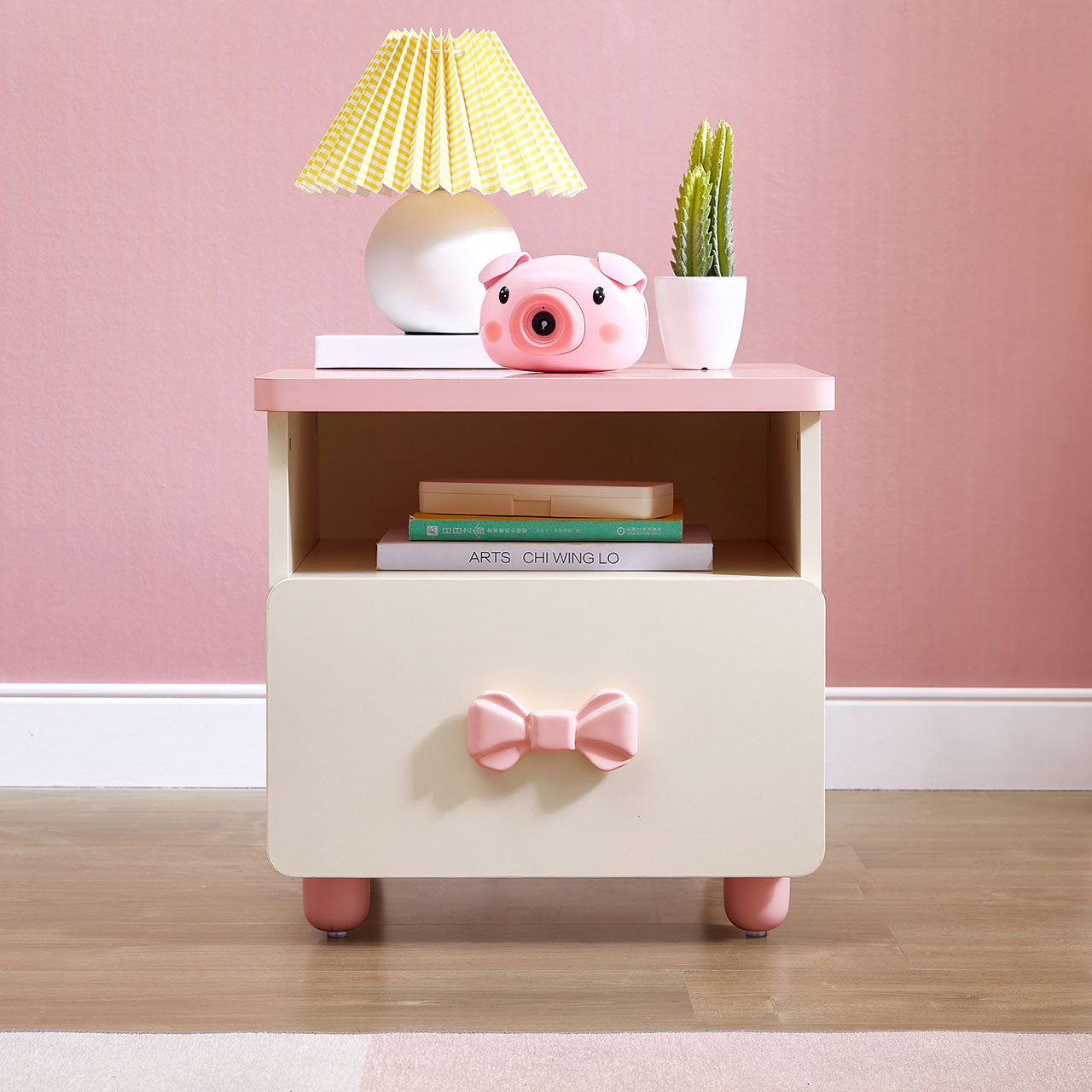 Princess Isabella Cream Pink Wooden Bedside Table with Storage Drawer-0
