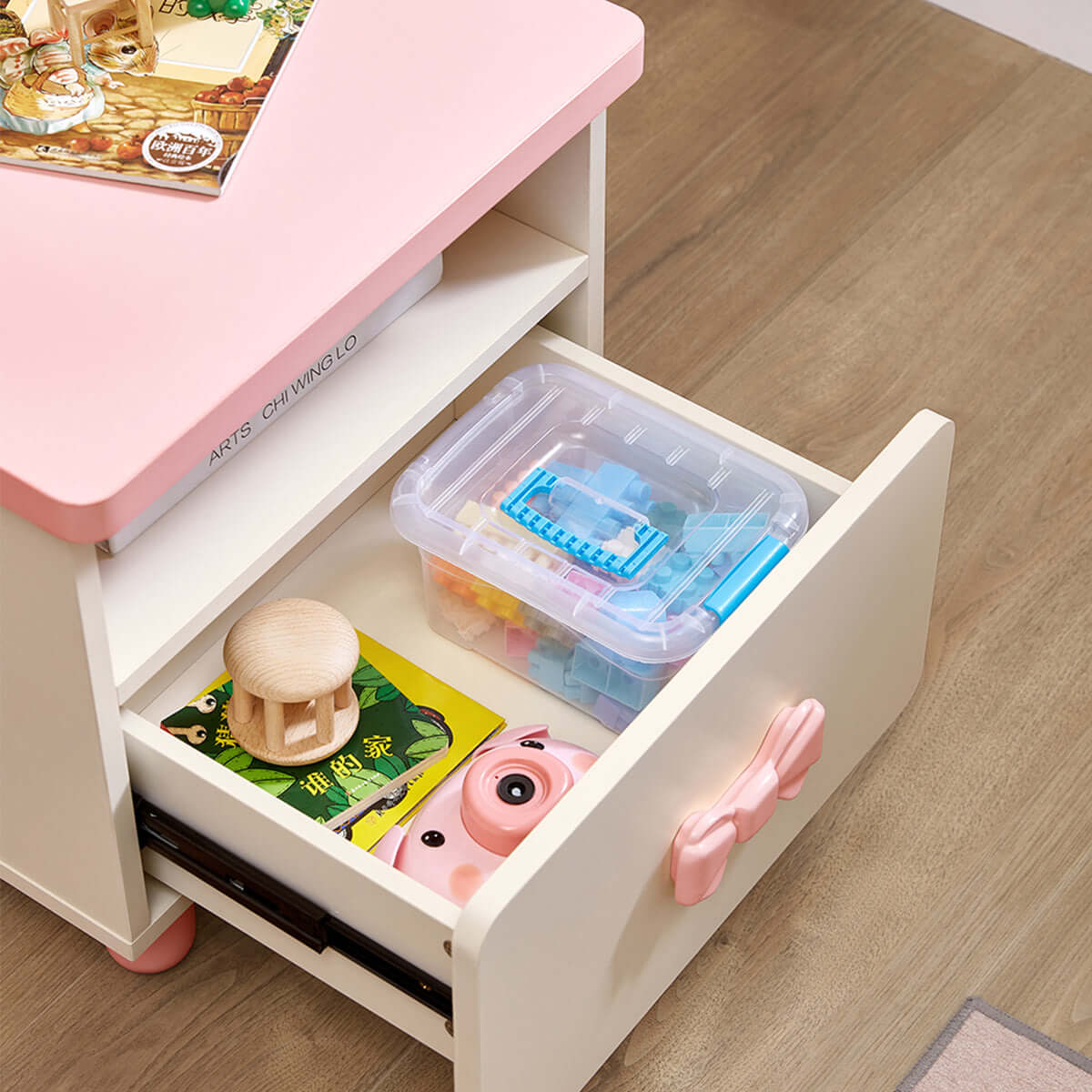 Princess Isabella Cream Pink Wooden Bedside Table with Storage Drawer-3