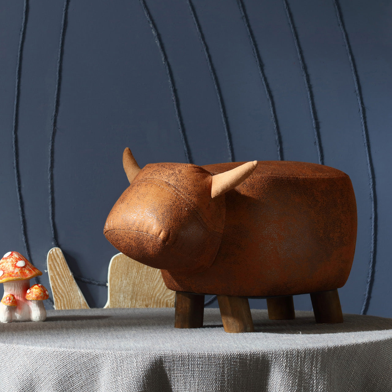 Brown Kid's Stool with Leather Upholstery Wood Legs for Nursery Bedroom Playroom-0